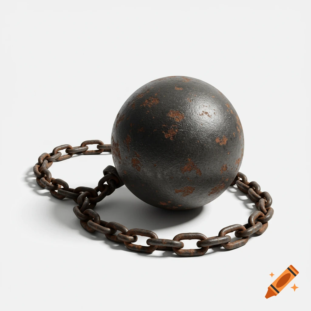 A rusty, dark metal ball and chain resting on a white background.