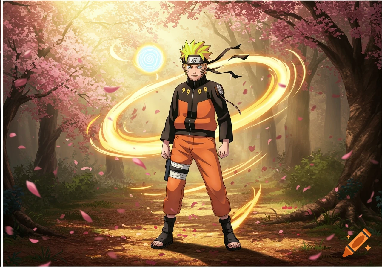 Naruto Uzumaki stands in a cherry blossom forest, surrounded by swirling golden energy and holding a blue energy orb.