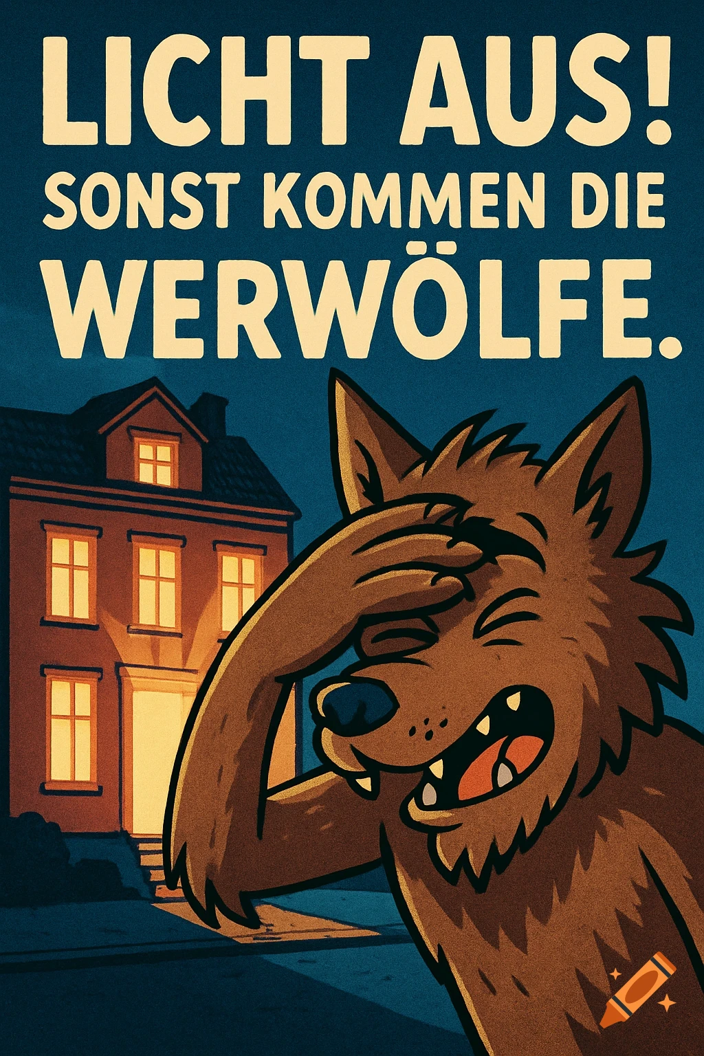 A humorous cartoon poster shows a startled werewolf covering its face from a brightly lit house at night. German text reads 'Lights out! Or the werewolves will come.'