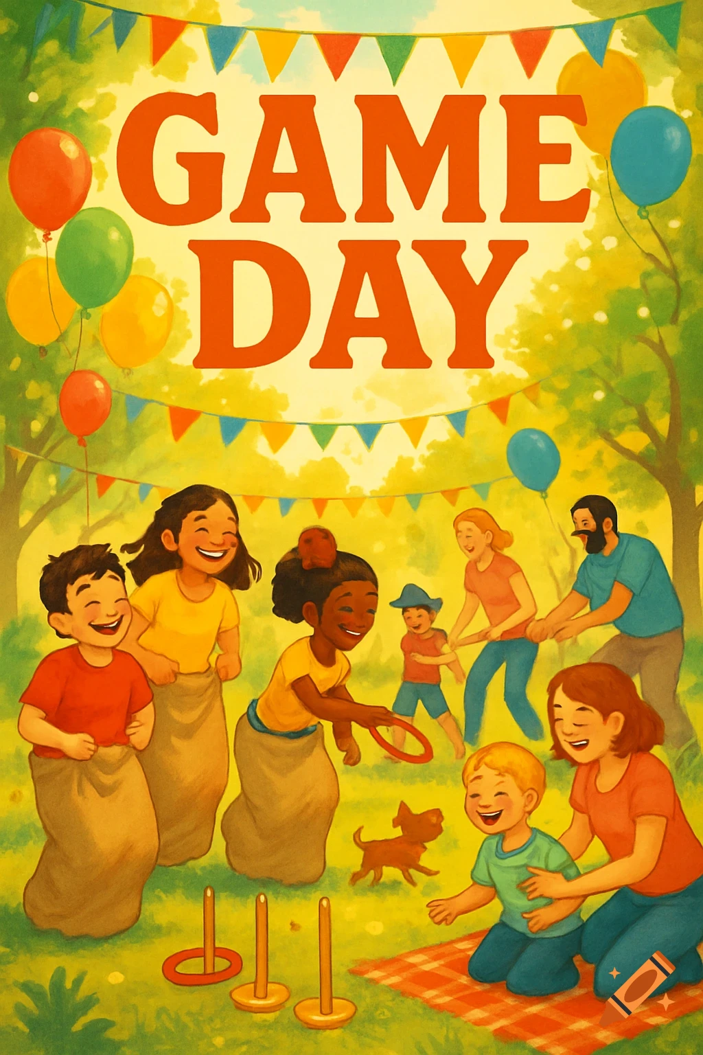 Illustrated poster of children and adults playing games like sack race and ring toss in a sunny park, with 'GAME DAY' text and balloons.