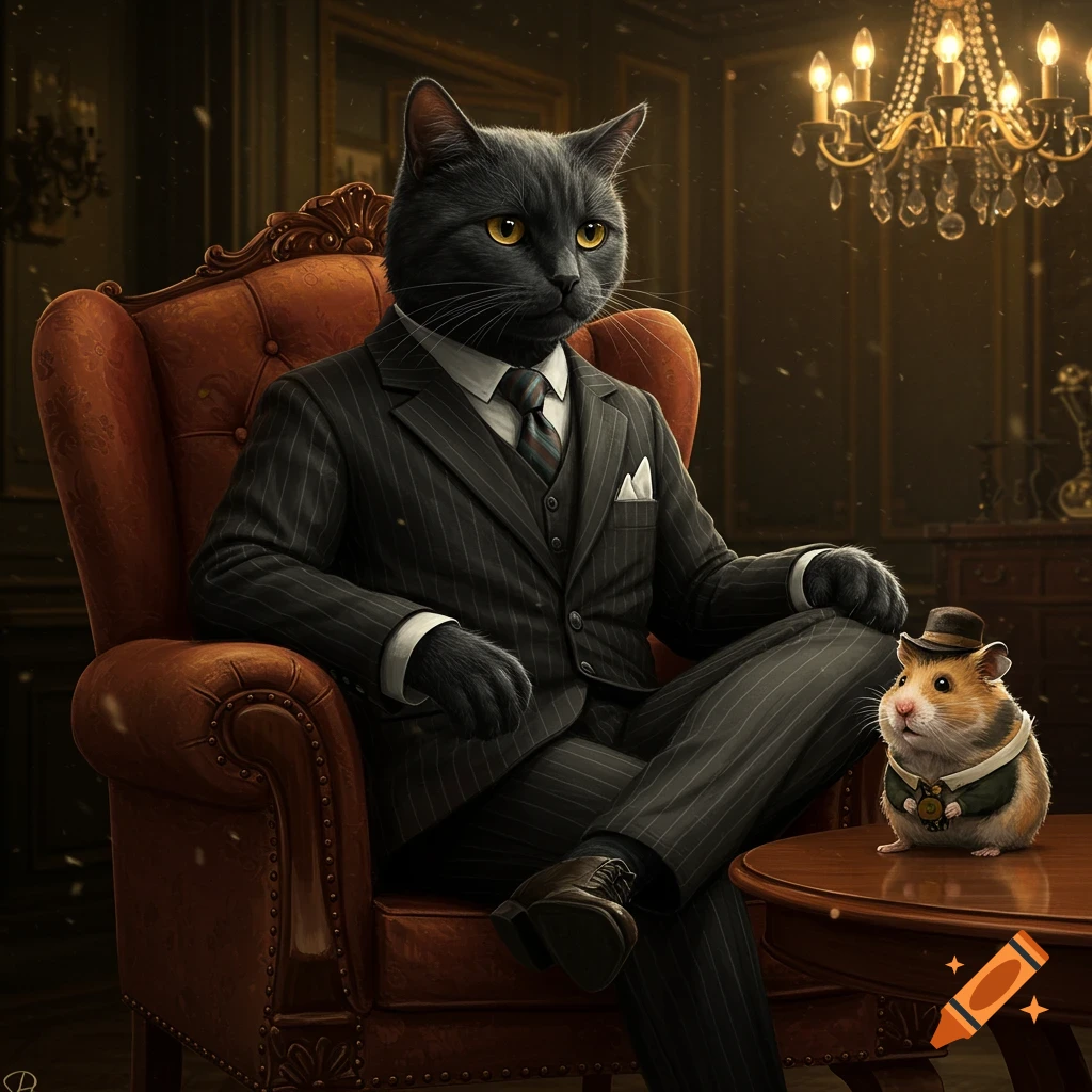 A distinguished black cat in a pinstripe suit sits regally in a red armchair, looking towards a small hamster in a miniature hat and vest on a polished wooden table, in a dimly lit, luxurious room with a chandelier.