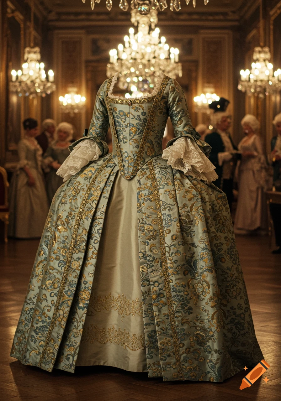 A headless mannequin wears an ornate blue and gold 18th-century gown in a lavish, chandelier-lit ballroom.