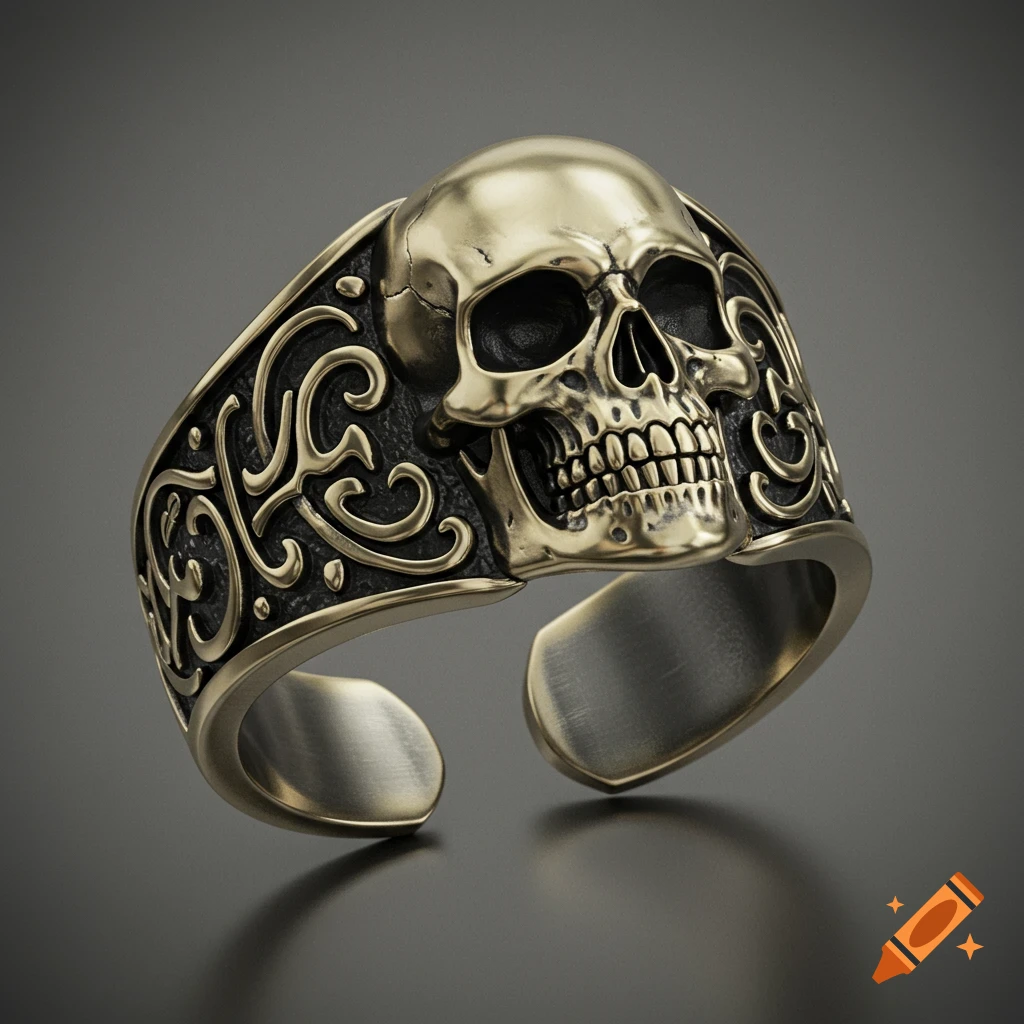 A close-up, photorealistic image of an ornate brass-colored cuff ring featuring a prominent skull and intricate decorative swirls on the band.