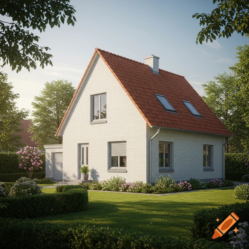 A white brick detached house with a red tiled roof and light gray window frames, surrounded by a green lawn and garden shrubs under a clear sky.