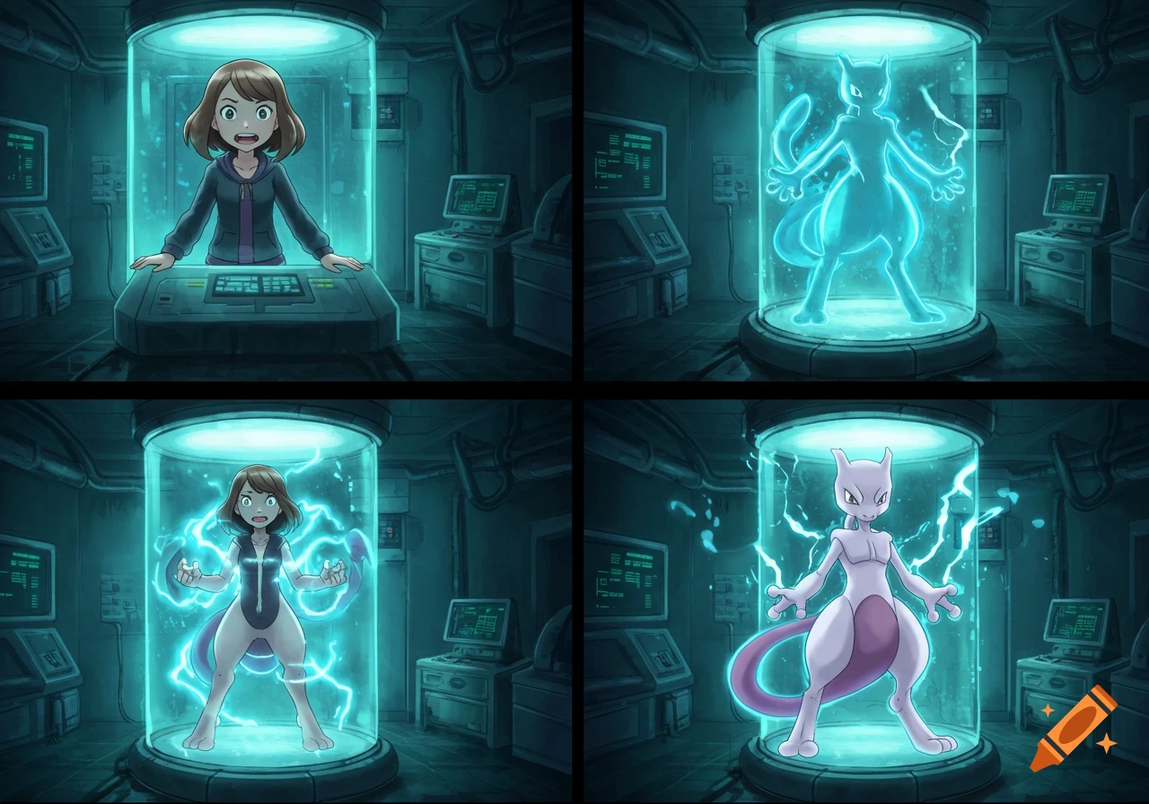 A four-panel anime comic of a girl transforming into Mewtwo in a glowing blue lab experiment cylinder.