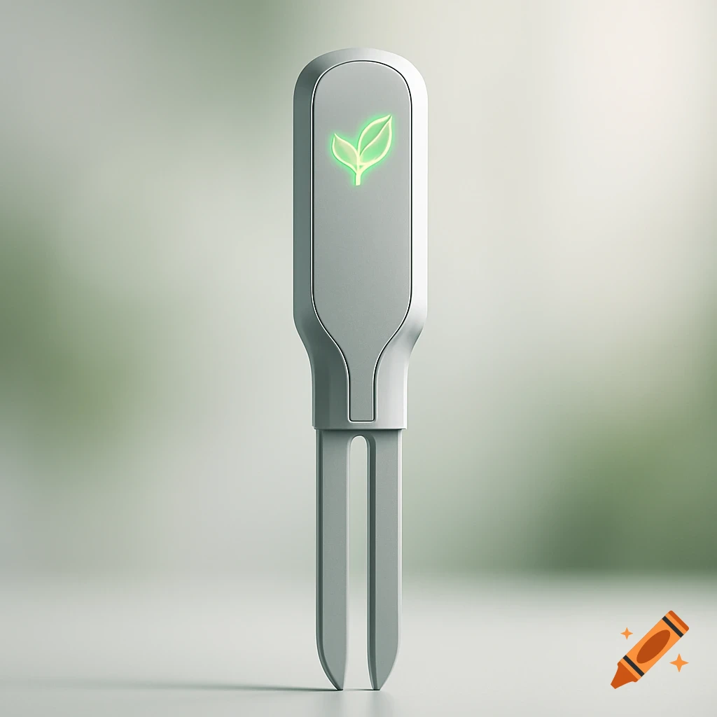 A sleek, modern gray plant sensor with two prongs and a glowing green leaf logo on its top, set against a soft, light green background.