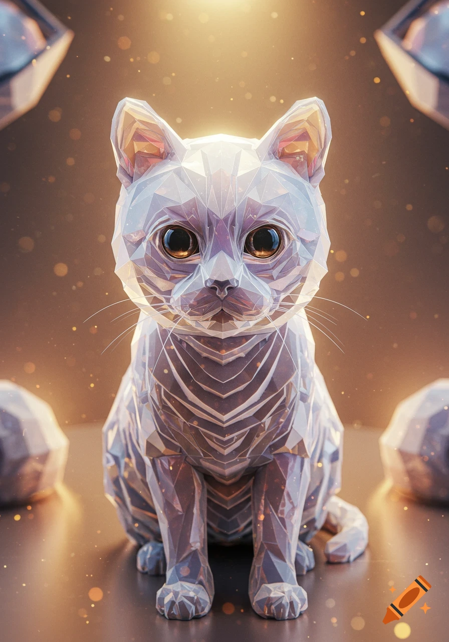 A close-up of a geometric white cat with large brown eyes, sitting with a glowing background and bokeh lights.