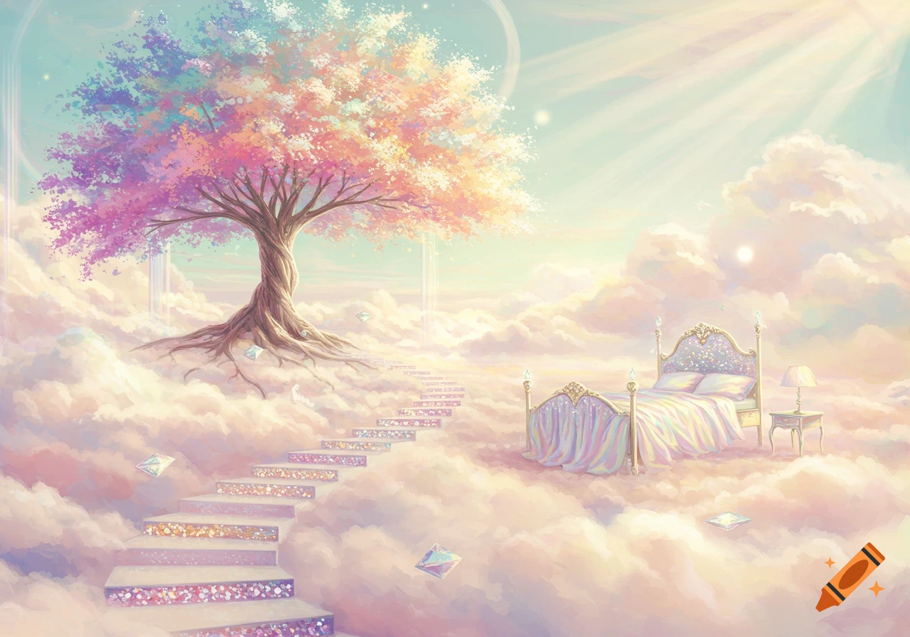 A surreal multicolor painting of a rainbow tree, a grand bed, and sparkling stairs floating among dreamy pastel clouds.