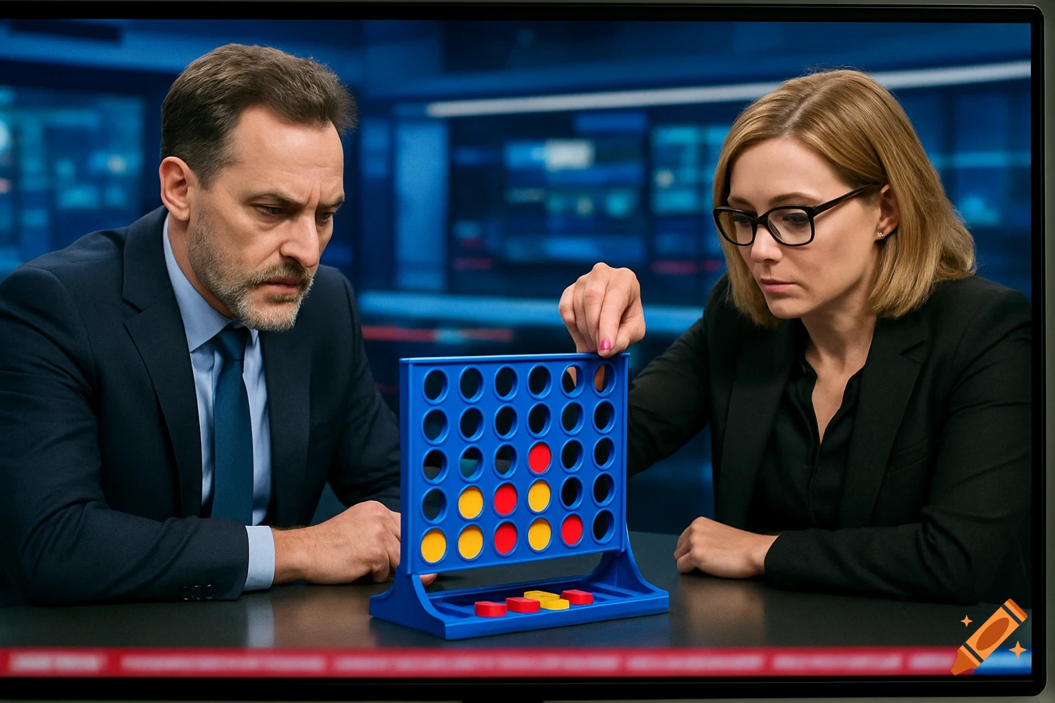 A man and a woman in business attire intently play Connect Four on a news set.