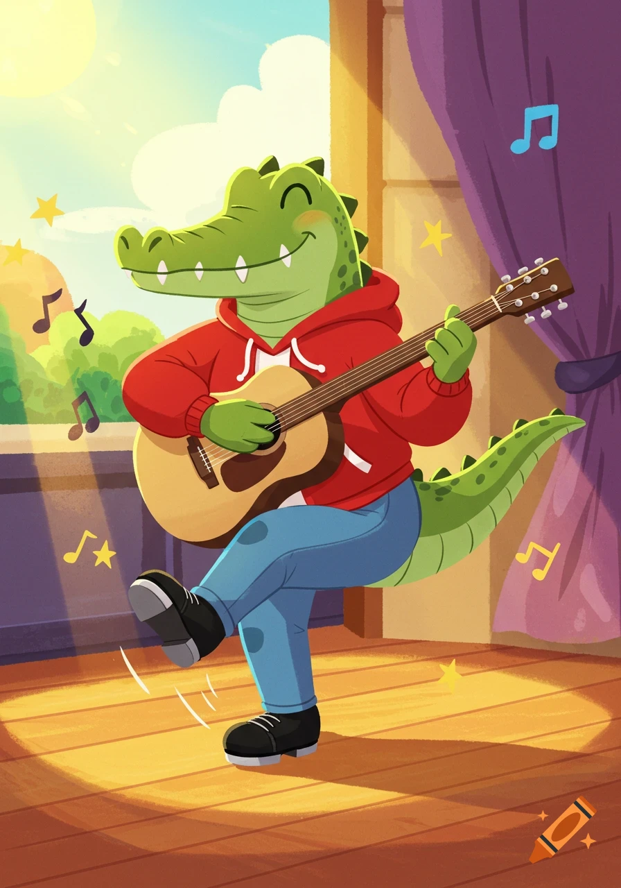 A friendly cartoon alligator in a red hoodie and blue pants plays an acoustic guitar while tap dancing on a wooden floor.