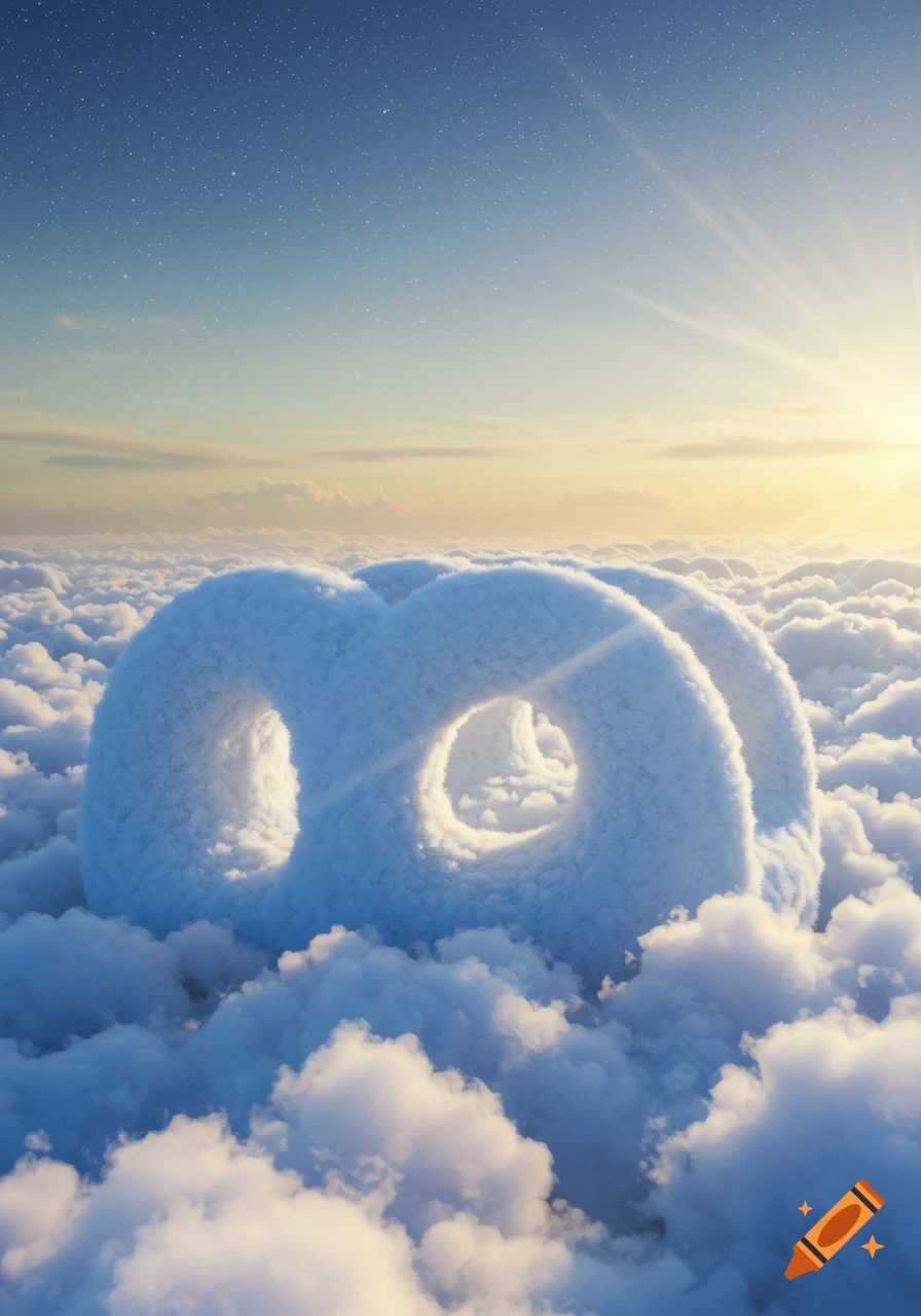 Fluffy cloud-like abstract shapes float above a sea of clouds under a starry, sunlit sky at dawn, creating an ethereal scene.