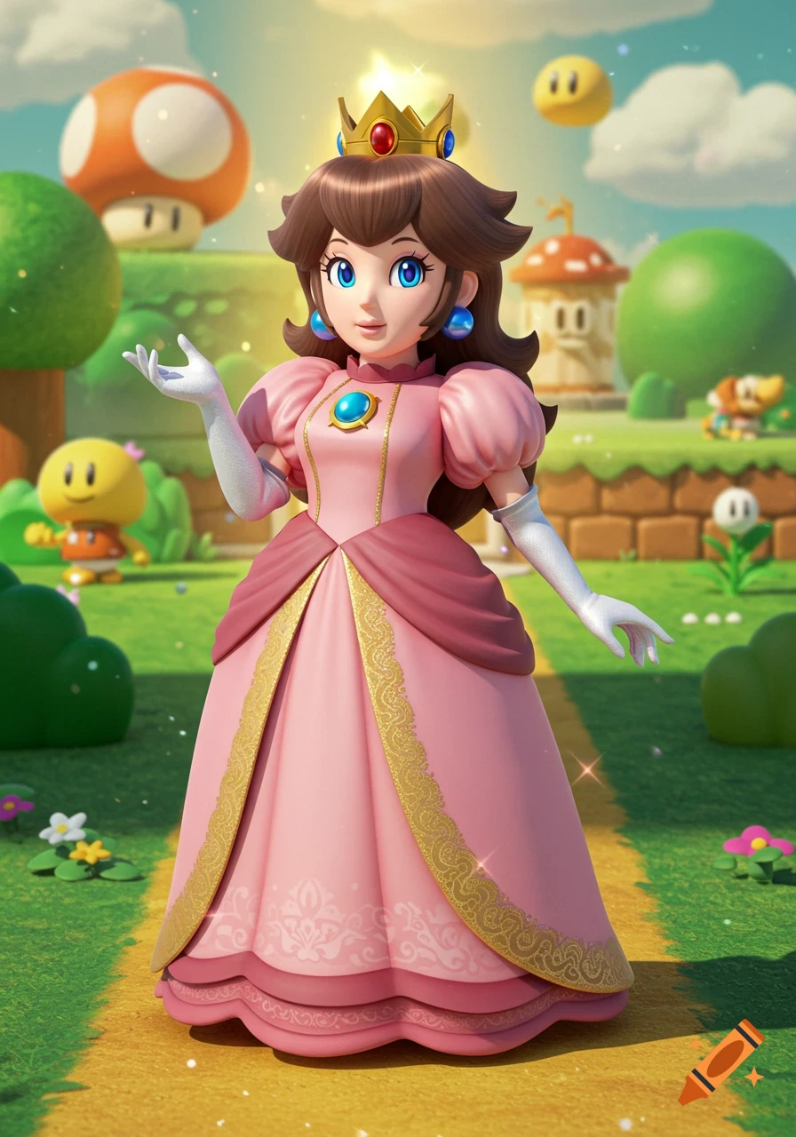 Princess Peach in a vibrant, detailed Super Mario landscape with iconic elements like mushrooms and Goombas.