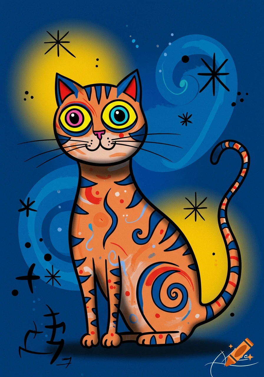 A colorful, abstract cat in the style of Joan Miró, with large mismatched eyes and vibrant patterns on an orange body, against a blue and yellow background.