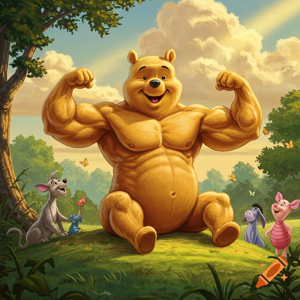 Muscular Winnie the Pooh flexing in a sunny forest clearing, surrounded by Piglet, Eeyore, Roo, and Kanga. Cartoon style.