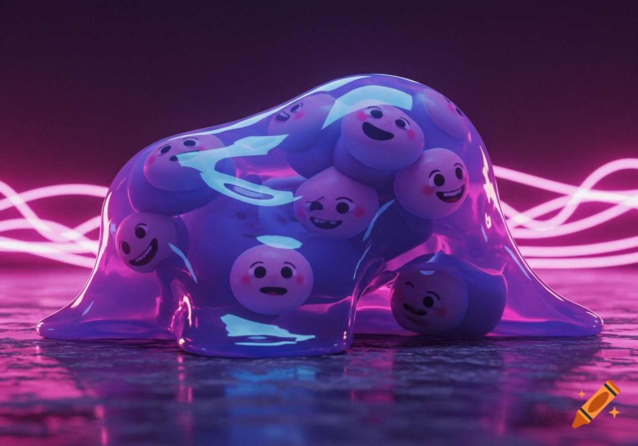 A purple translucent slime blob containing various emoji-like faces, glowing with neon pink light on a reflective surface.