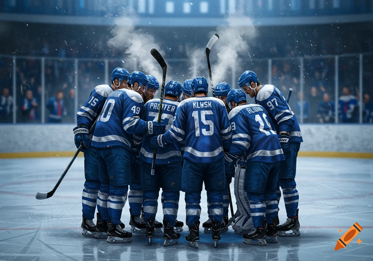A group of hockey players in blue and white jerseys huddle on an ice rink, looking down, with steam rising above them.