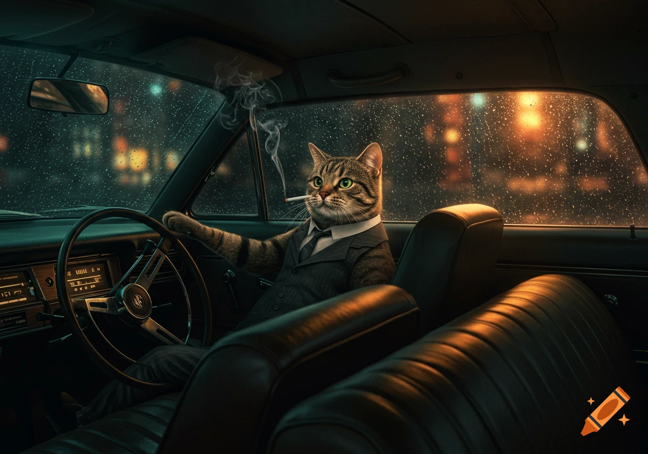 A photorealistic image of a tabby cat in a suit driving a car at night ...