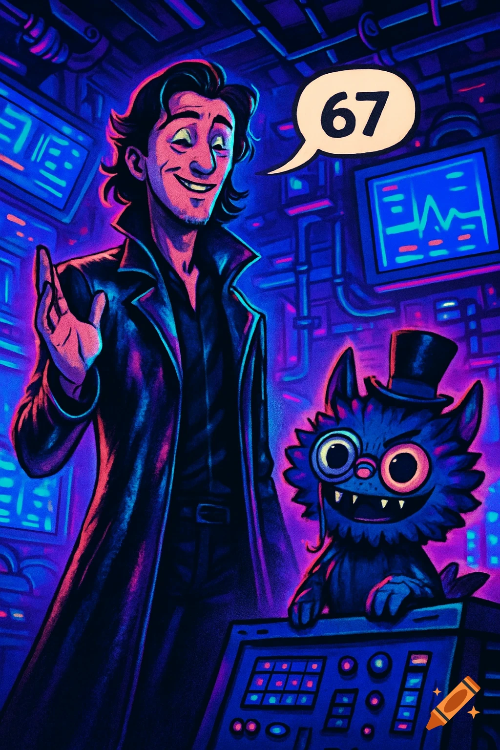 Cartoon man in a trench coat smiles next to a blue fanged creature in a top hat within a neon sci-fi lab, with '67' in a speech bubble.