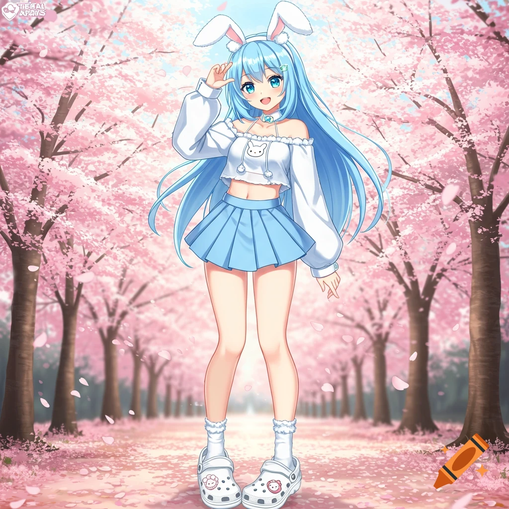 Anime girl with blue hair and bunny ears in a white crop top and blue skirt, standing on a cherry blossom path.