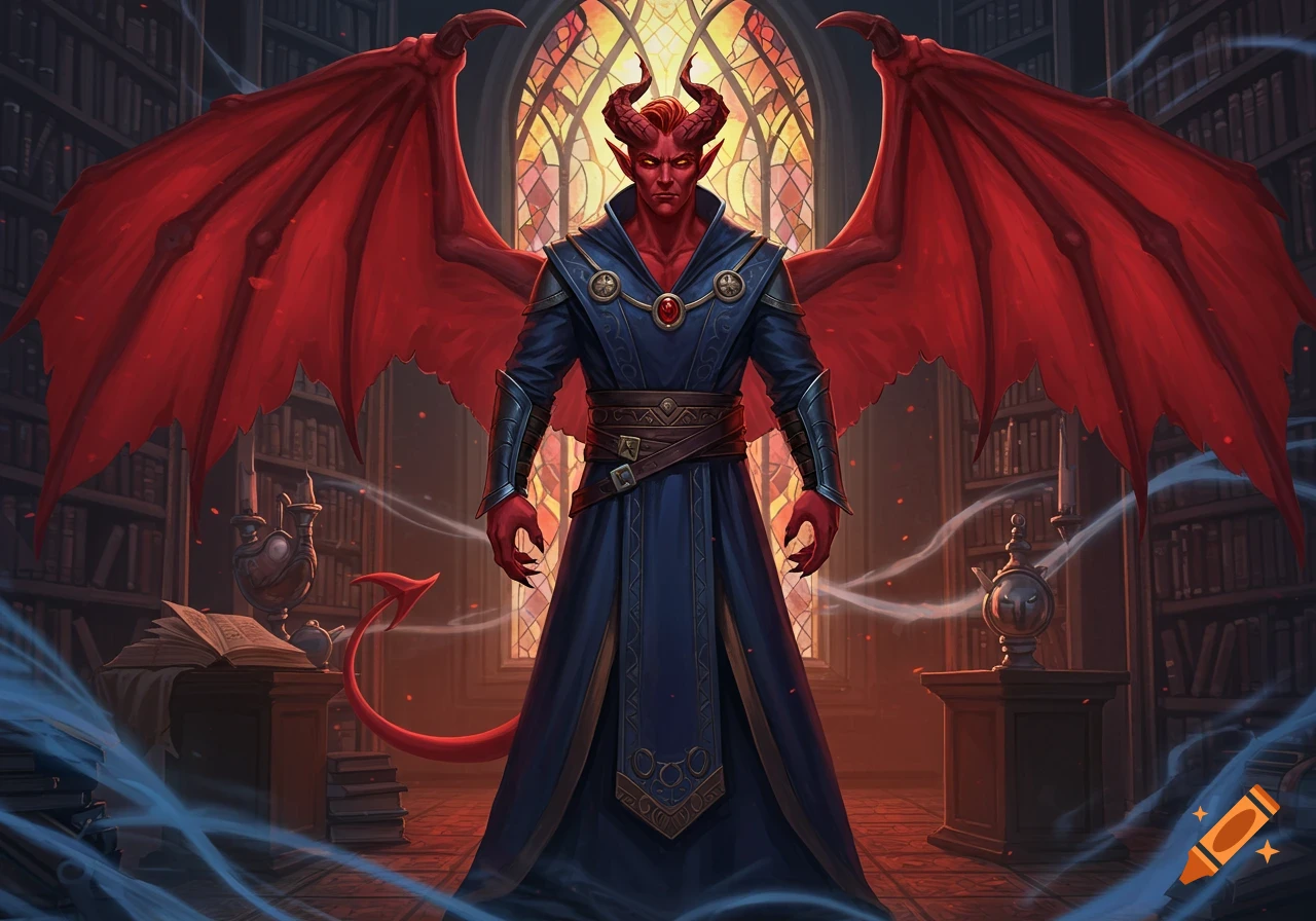 A red-skinned male tiefling with large red wings, horns, and a long tail stands in a library before a stained glass window, wearing a dark blue robe.