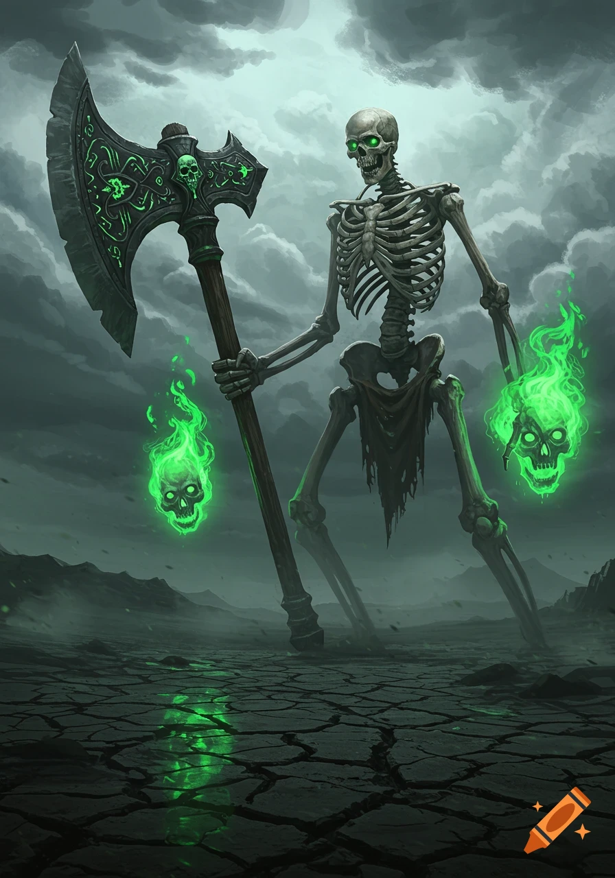 A giant skeleton with green eyes holds a huge axe and two green flaming skulls in a dark, cracked wasteland.