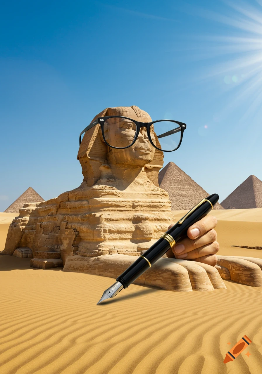The Great Sphinx wears black glasses, a hand holding a fountain pen emerges from the desert sand. Pyramids under a sunny blue sky.