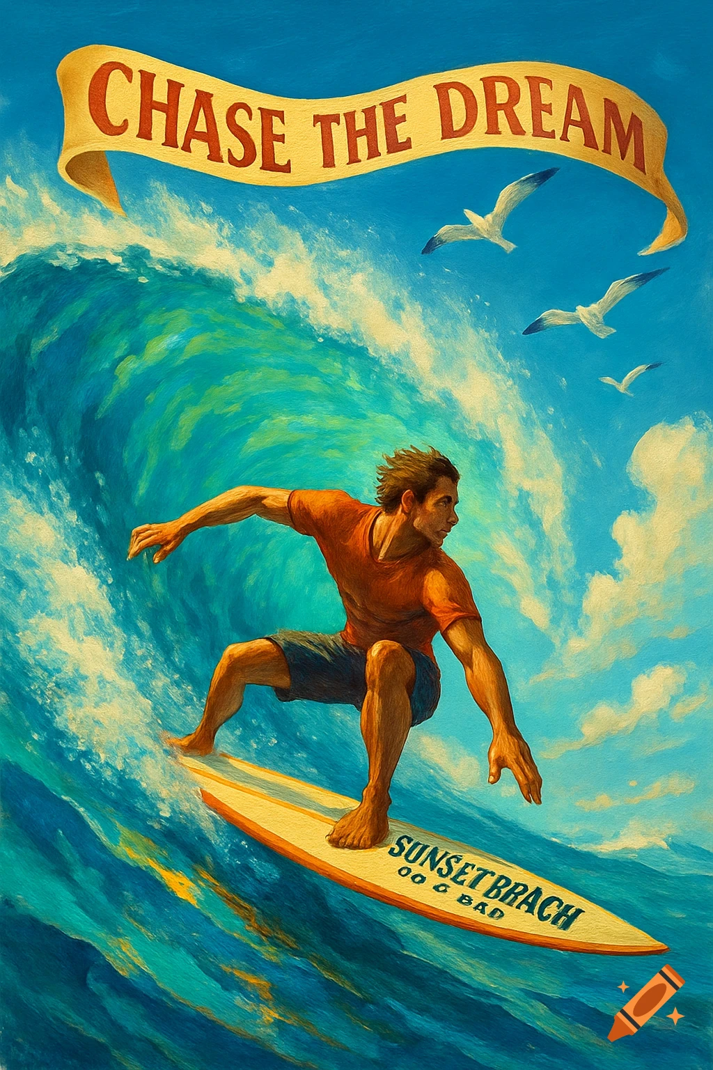 A male surfer in an orange shirt rides a large blue and white wave with a banner reading "CHASE THE DREAM" overhead.