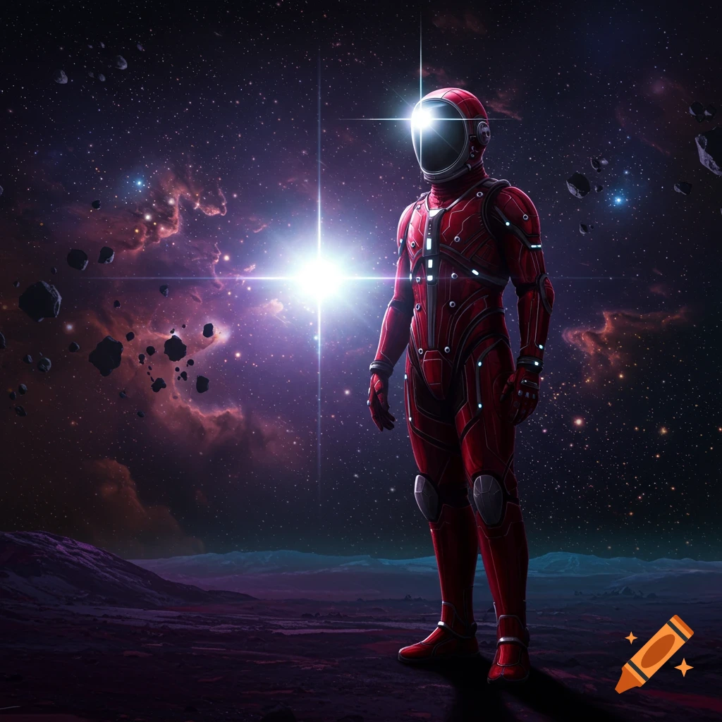 A red-suited astronaut stands on a dark alien planet surface with a vibrant, starry galaxy and asteroids in the background.