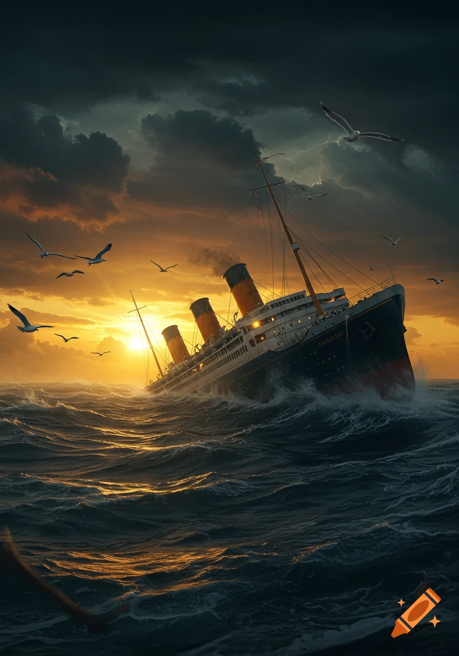 A dramatic, photorealistic ocean liner sinks into rough waves at sunset under a stormy sky with seagulls flying.