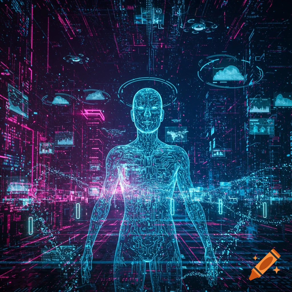 A glowing, circuit-patterned human figure in a neon-lit digital city filled with data and cyberspace elements.