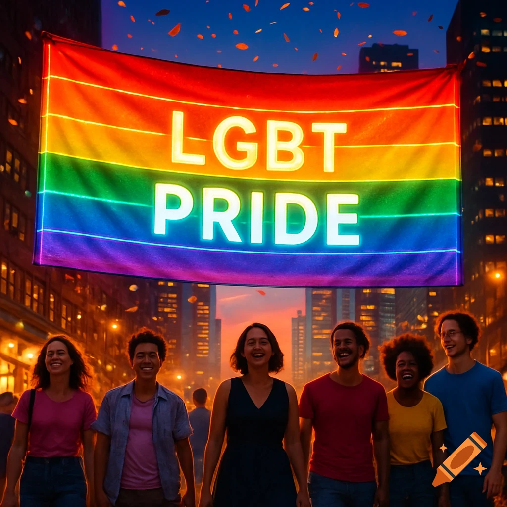 A diverse group of smiling people stand in a city street at sunset under a large rainbow banner displaying "LGBT PRIDE" in glowing white letters.