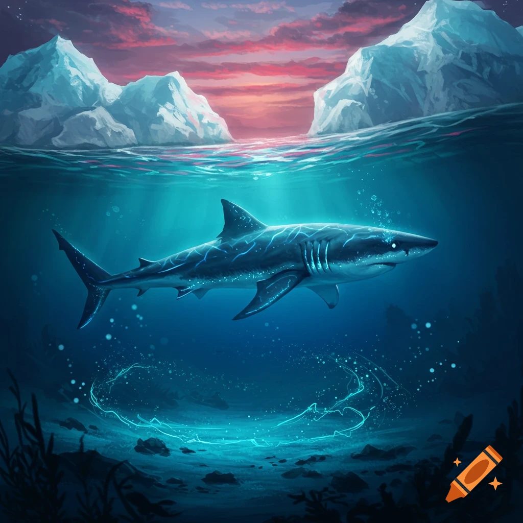 A stylized glowing shark swims in a deep blue arctic ocean under icebergs, with a red and purple sunset sky above.