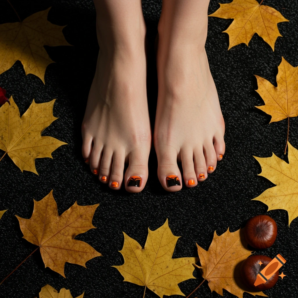 Top-down photorealistic shot of bare feet with orange and black autumn-themed toenails on a black surface, surrounded by yellow fall leaves and chestnuts.