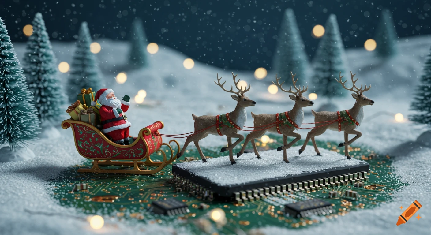 A miniature Santa in a sleigh pulled by three reindeer on a snowy circuit board, with miniature evergreen trees and falling snow in a winter scene.
