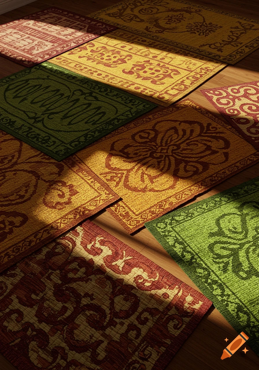 Various patterned floor mats in red, yellow, and green on a wooden floor with sunlight and shadows.
