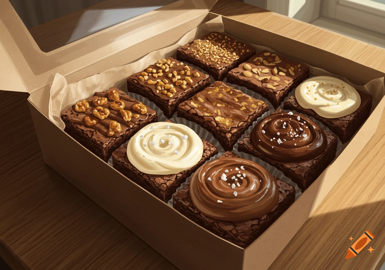 An open bakery box filled with nine decadent brownies with various toppings, including nuts, white frosting, and chocolate swirls, on a wooden table.