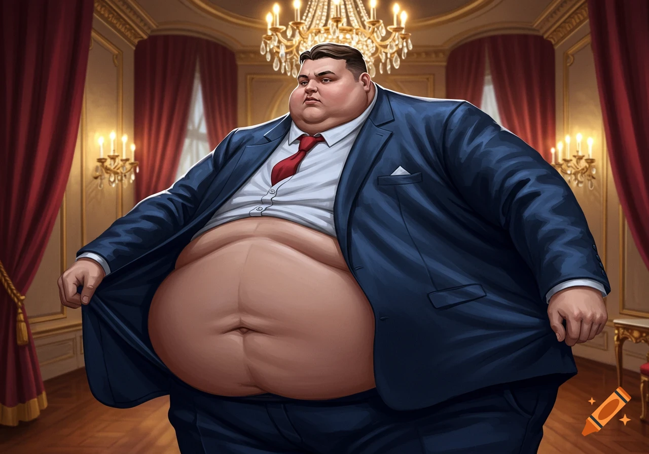 An illustrated extremely obese man in a too-small blue suit revealing his large belly, standing in an opulent room.