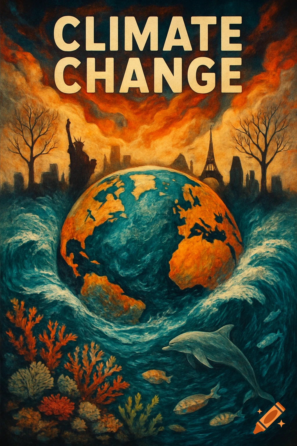A vibrant, stylized poster depicting the Earth engulfed by rising oceans under a fiery sky, with "CLIMATE CHANGE" text.