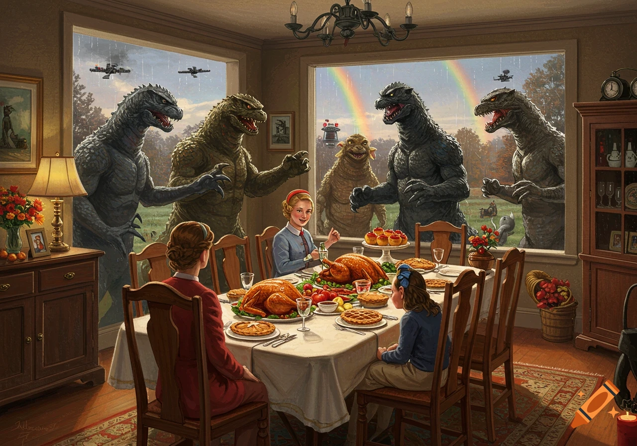 A Norman Rockwell-style painting of a family enjoying Thanksgiving dinner indoors, while several large Kaiju monsters, flying drones, and rainbows are visible through the windows outside.