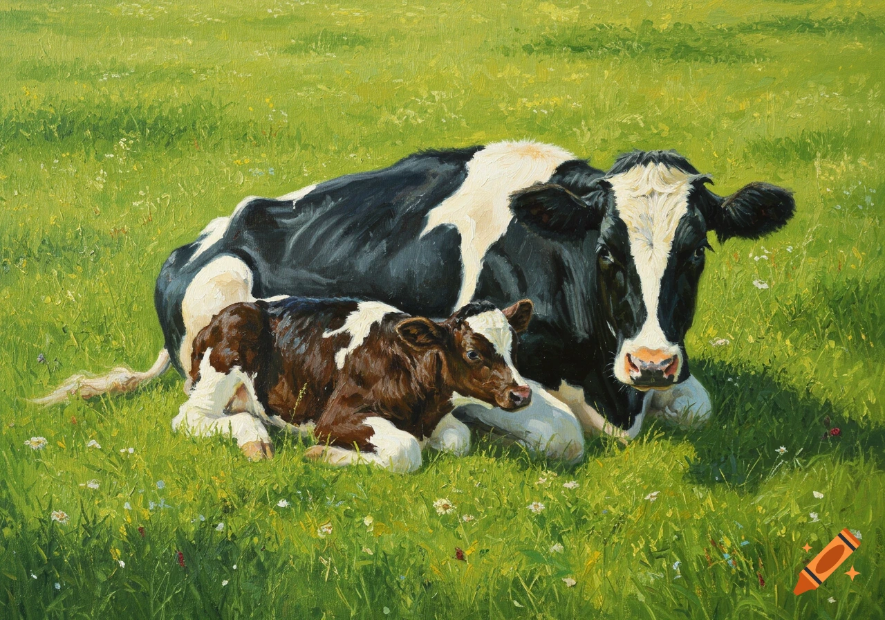 A black and white Holstein cow lies in a sunny green meadow, embracing her brown and white calf in a realistic painting.