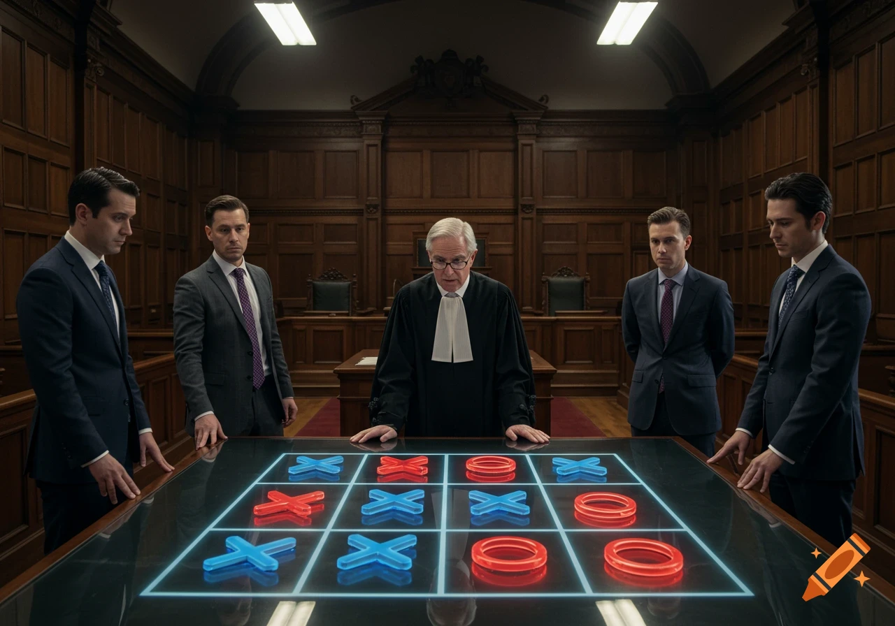 Five men, including a judge in a robe, stand around a glowing tic-tac-toe game board on a table in a dimly lit, wood-paneled courtroom.