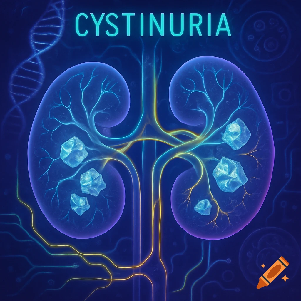 A glowing blue and purple stylized illustration of two kidneys containing several icy stones, with the word "CYSTINURIA" above and a DNA helix in the background.