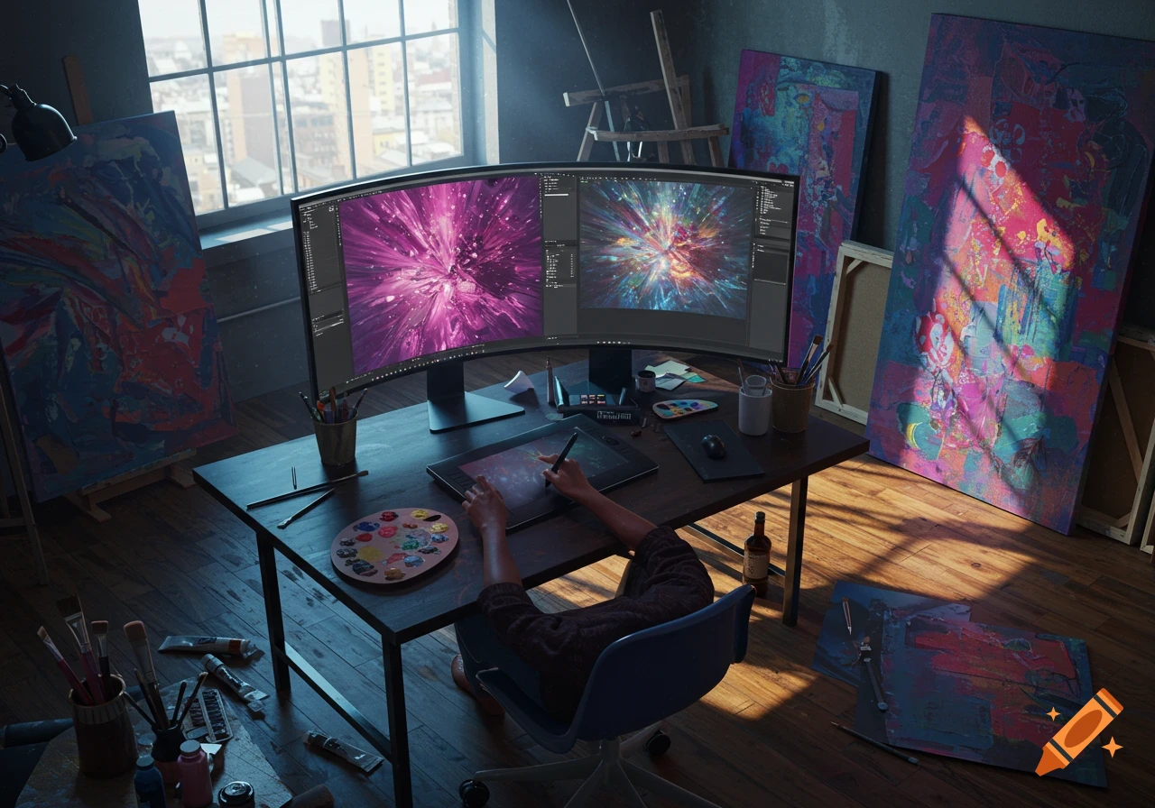 A person works on a digital tablet in a sunlit art studio, with colorful abstract paintings and a large curved monitor displaying digital art.