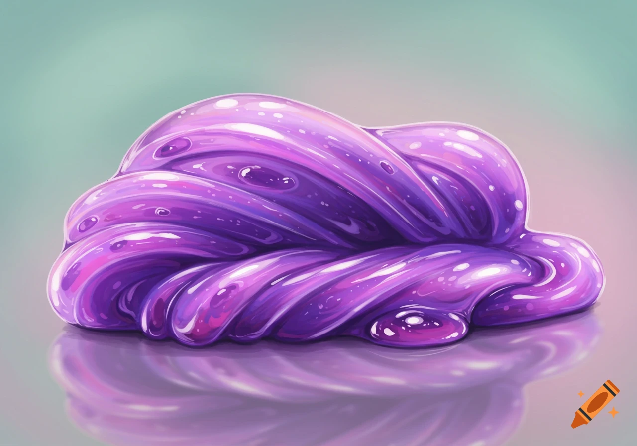 A vibrant, glossy purple slime blob sits on a reflective surface against a soft gradient background, showing internal bubbles and highlights.