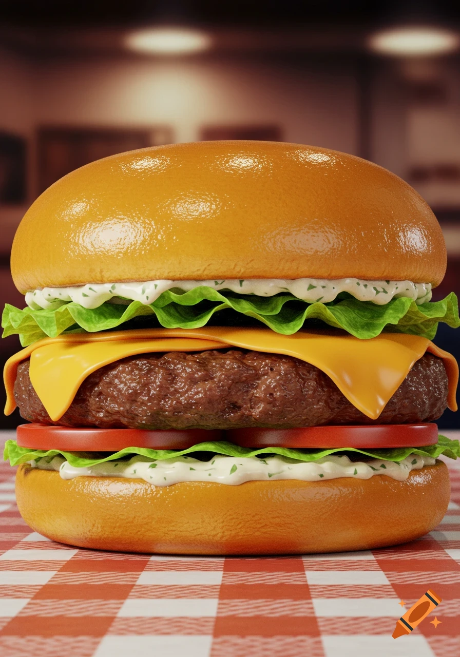 A tall, stacked burger with a shiny bun, lettuce, sauce, melted cheese, beef patty, and tomato, on a red and white checkered tablecloth.