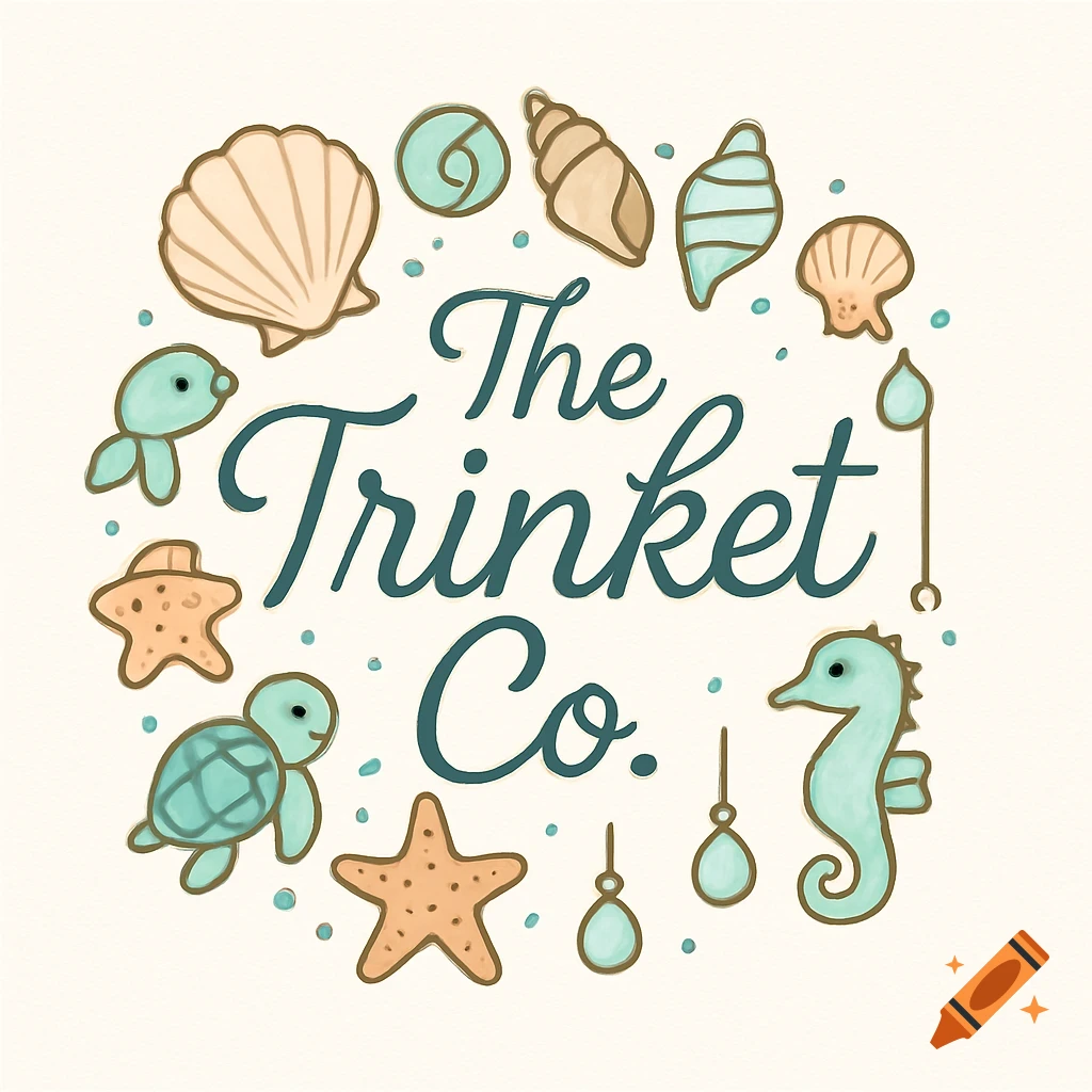 A charming 'The Trinket Co.' logo in a hand-drawn style, surrounded by seashells, fish, a turtle, and a seahorse.