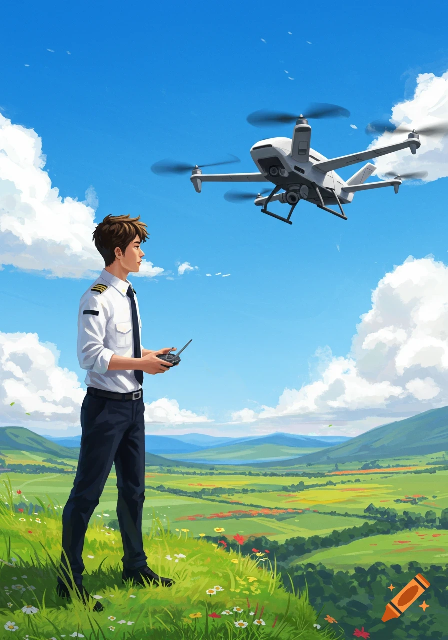 Illustrated young man in pilot uniform flying a drone over a vibrant green landscape under a blue sky.