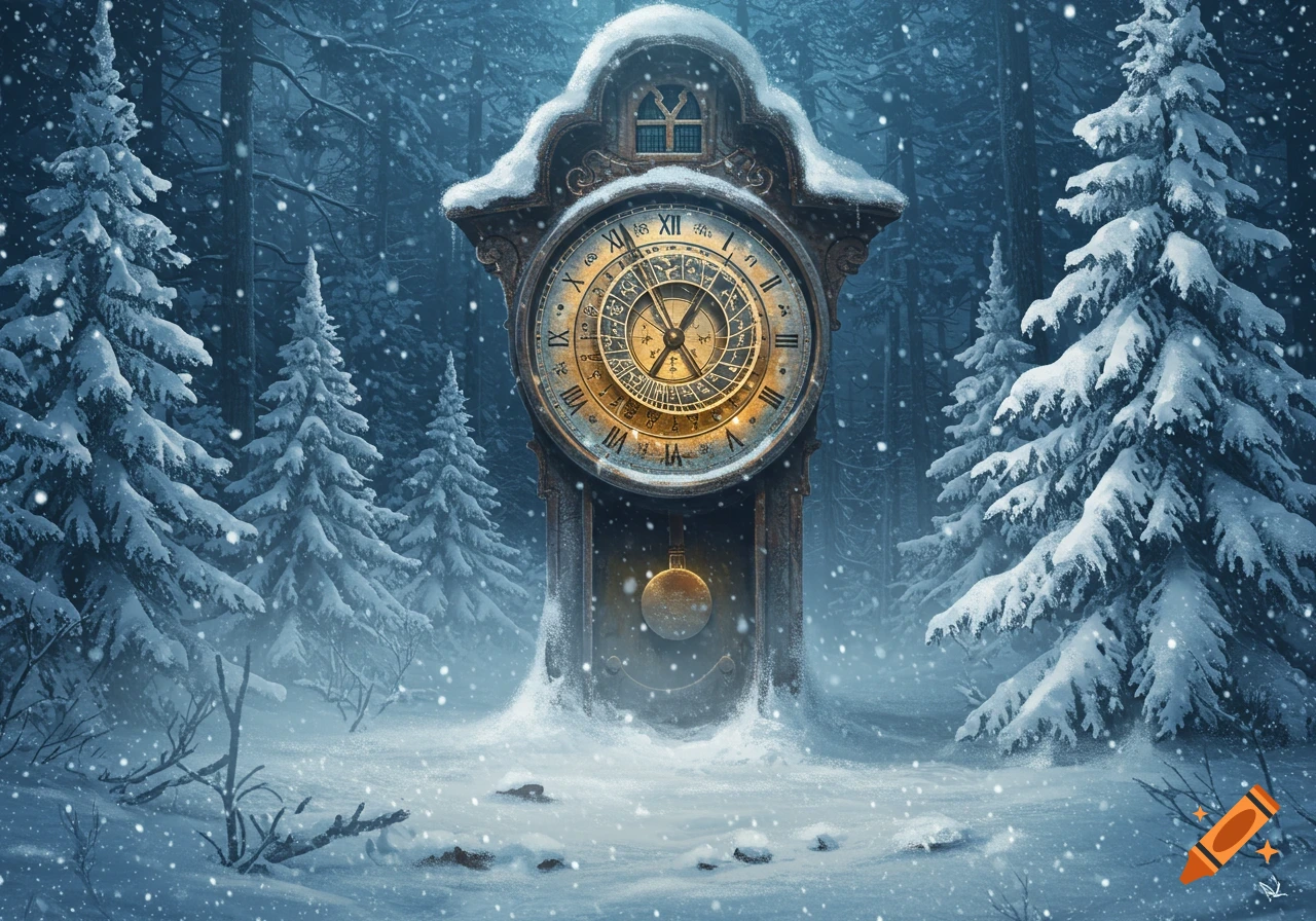 An ornate grandfather clock stands in a snowy forest during a snowfall, lit with a golden glow.