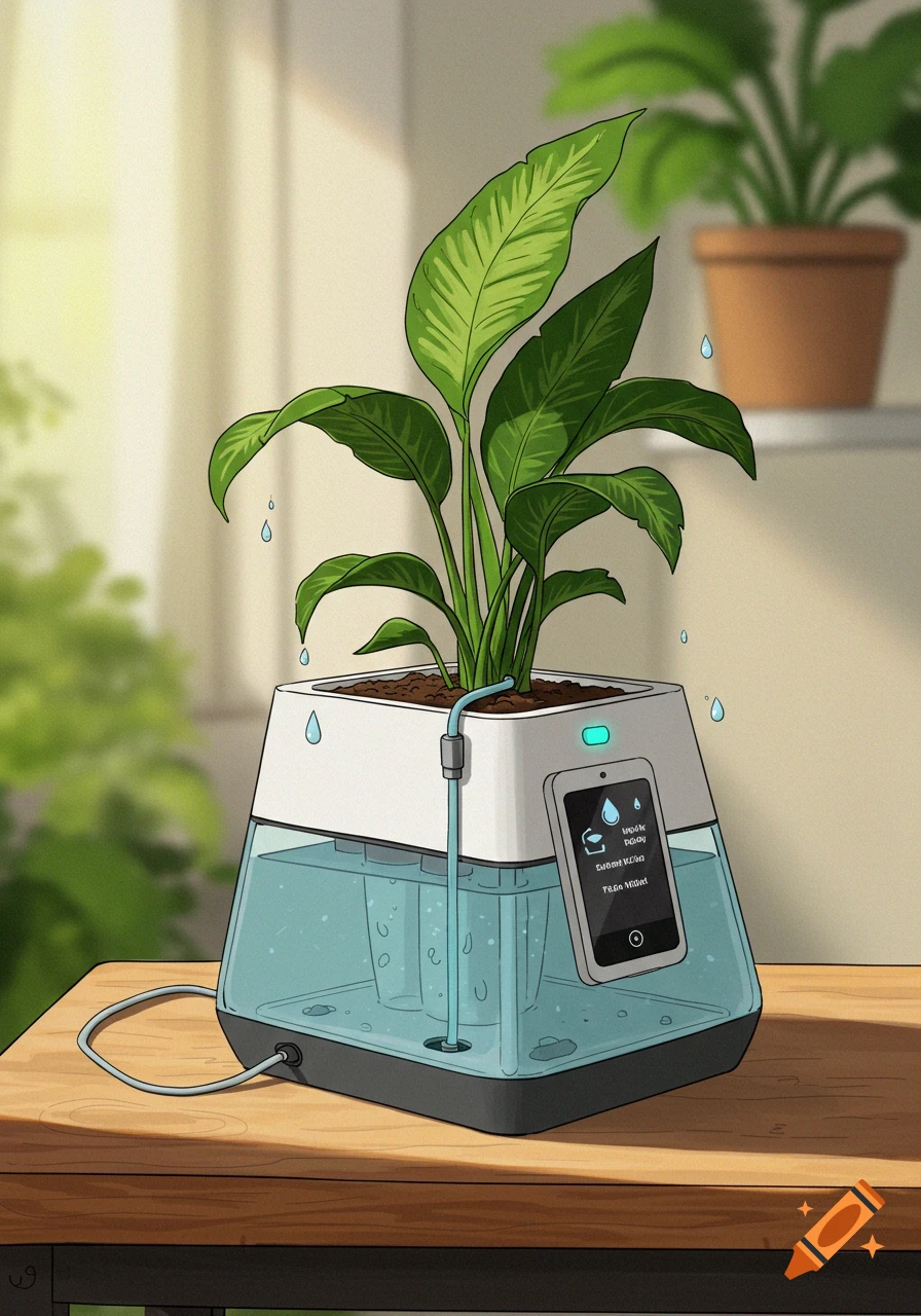 Digital illustration of a plant in a white and clear pyramid-shaped smart pot, showing a watering tube and screen, on a wooden table.