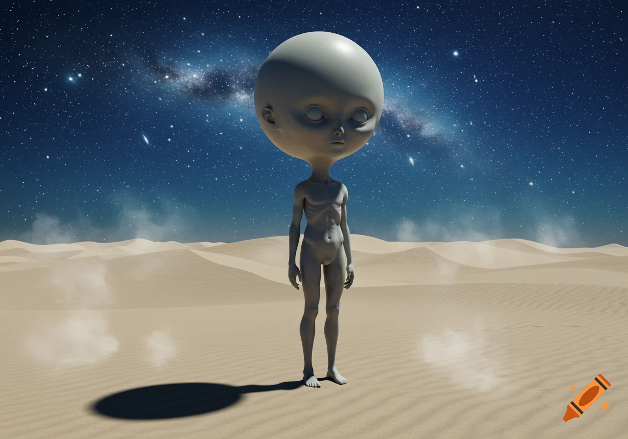 An alien-like humanoid figure with a large head stands in a vast sand desert under a starry night sky.